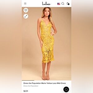 Dress the Population - Marie - Lulus- Yellow Lace Midi Dress -Small